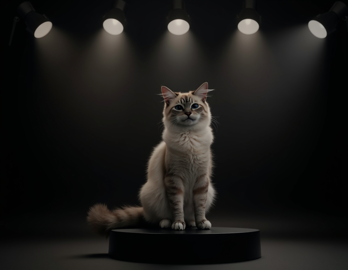 Photorealistic studio portrait of cat sitting elegantly on a black podium under a bright spotlight.